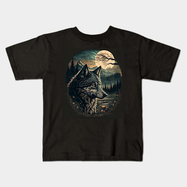 Wolf with moon Kids T-Shirt by KoolArtDistrict